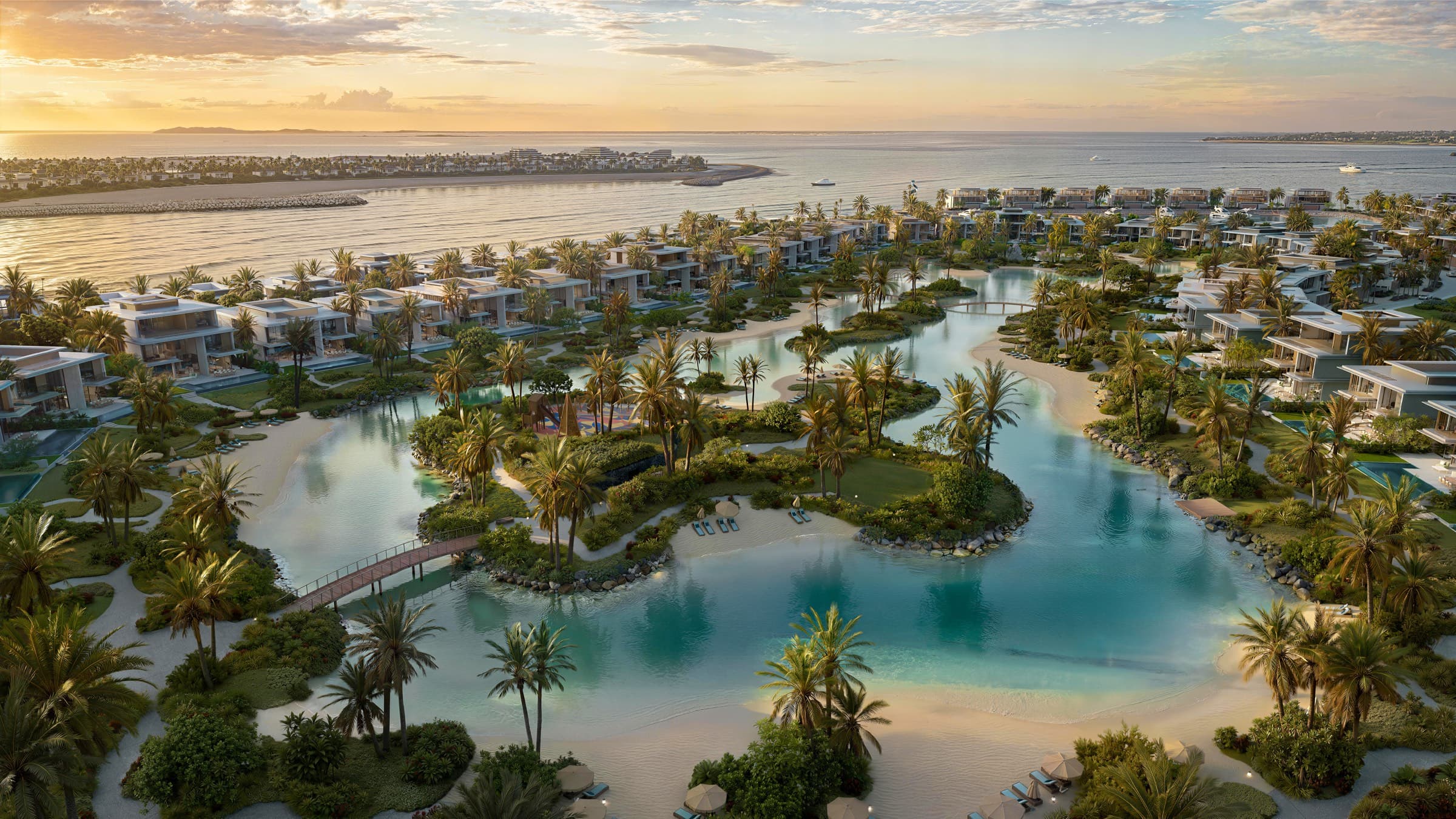 Bay Estate, Dubai Islands — the villas and private lagoons at sunset