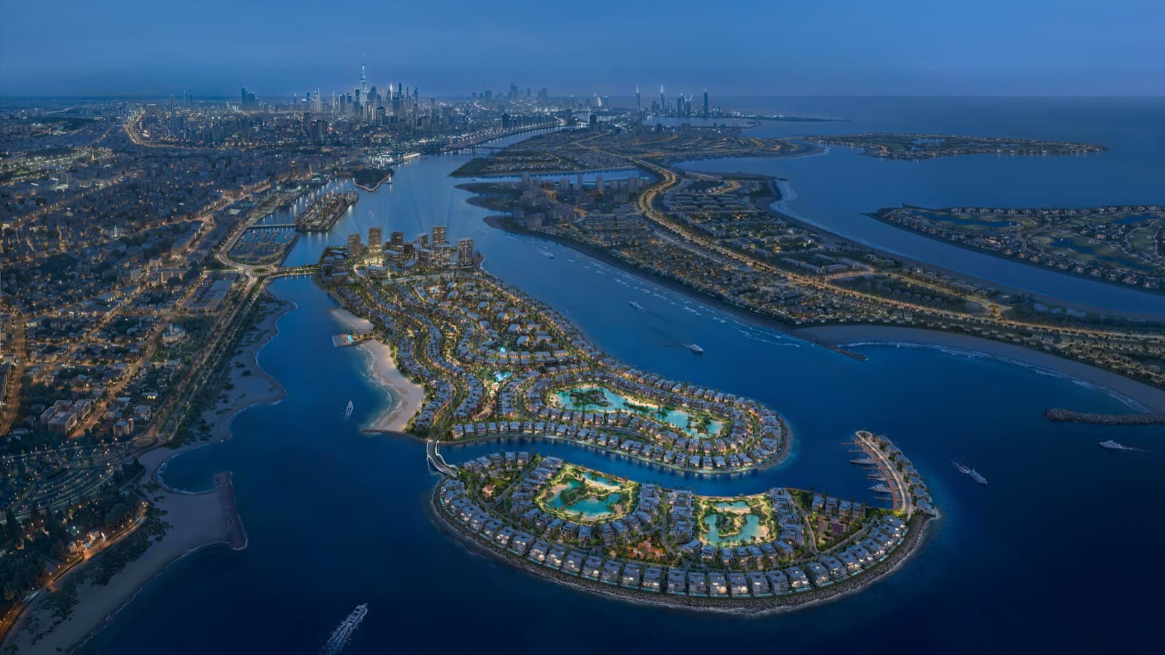 Dubai Islands at dusk with the Dubai skyline beyond — Bay Estate's position off the Deira coast
